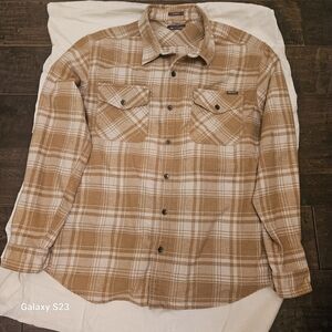 Eddie Bauer Tan and White Plaid Button-Down Shirt